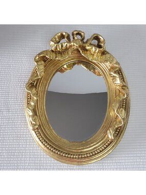 Vintage Bow Top Mirror 13.5"x11" Oval Gold Painted Wood Ornate Victorian Baroque